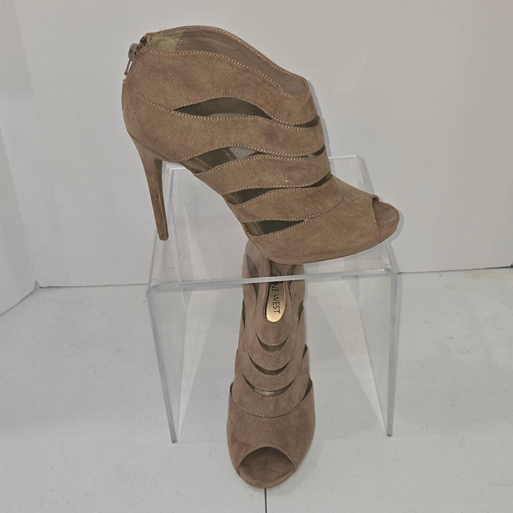 Nine West Kourtx5 Taupe Tan Suede Fabric Mesh Peep Toe Stiletto Heels Size 10M
